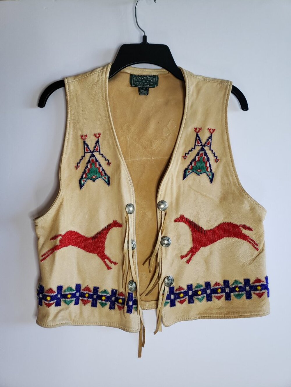 Ralph Lauren Country Polo Women Leather Vest Native American USA made 80s Vtg